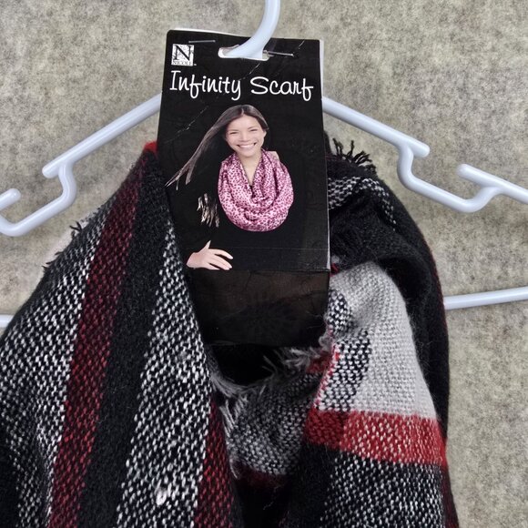 Nicole Infinity Scarf Plaid Pattern Woven Black/Red/Gray Soft - Picture 2 of 4
